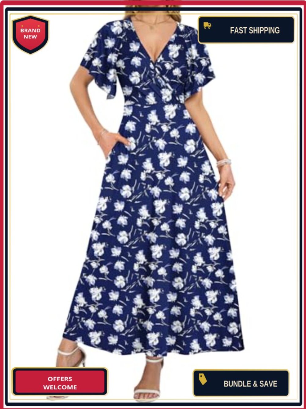 Women's Floral Maxi Wrap Dress V-Neck Ruffle Sleeve Short Sleeve Empire Waist